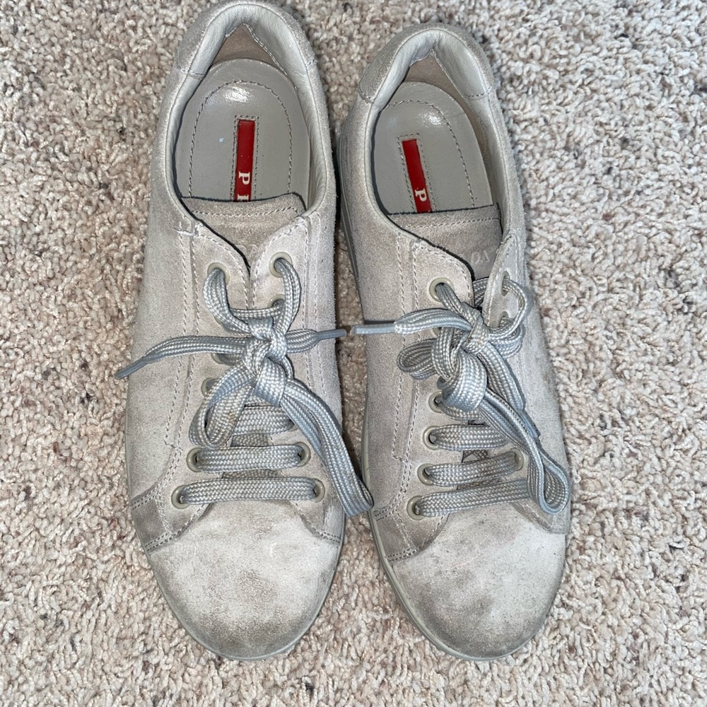 Prada neutral suede sneakers